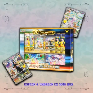 Espeon ex and Umbreon ex 30th Anniversary Day & Night foil cards with collector display frame.
