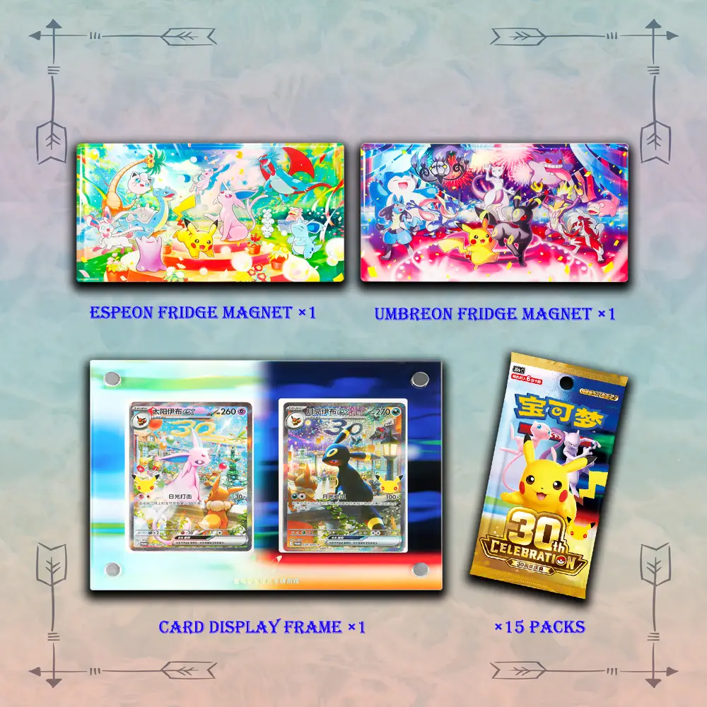 Espeon ex and Umbreon ex 30th Anniversary Day & Night foil cards with collector display frame.